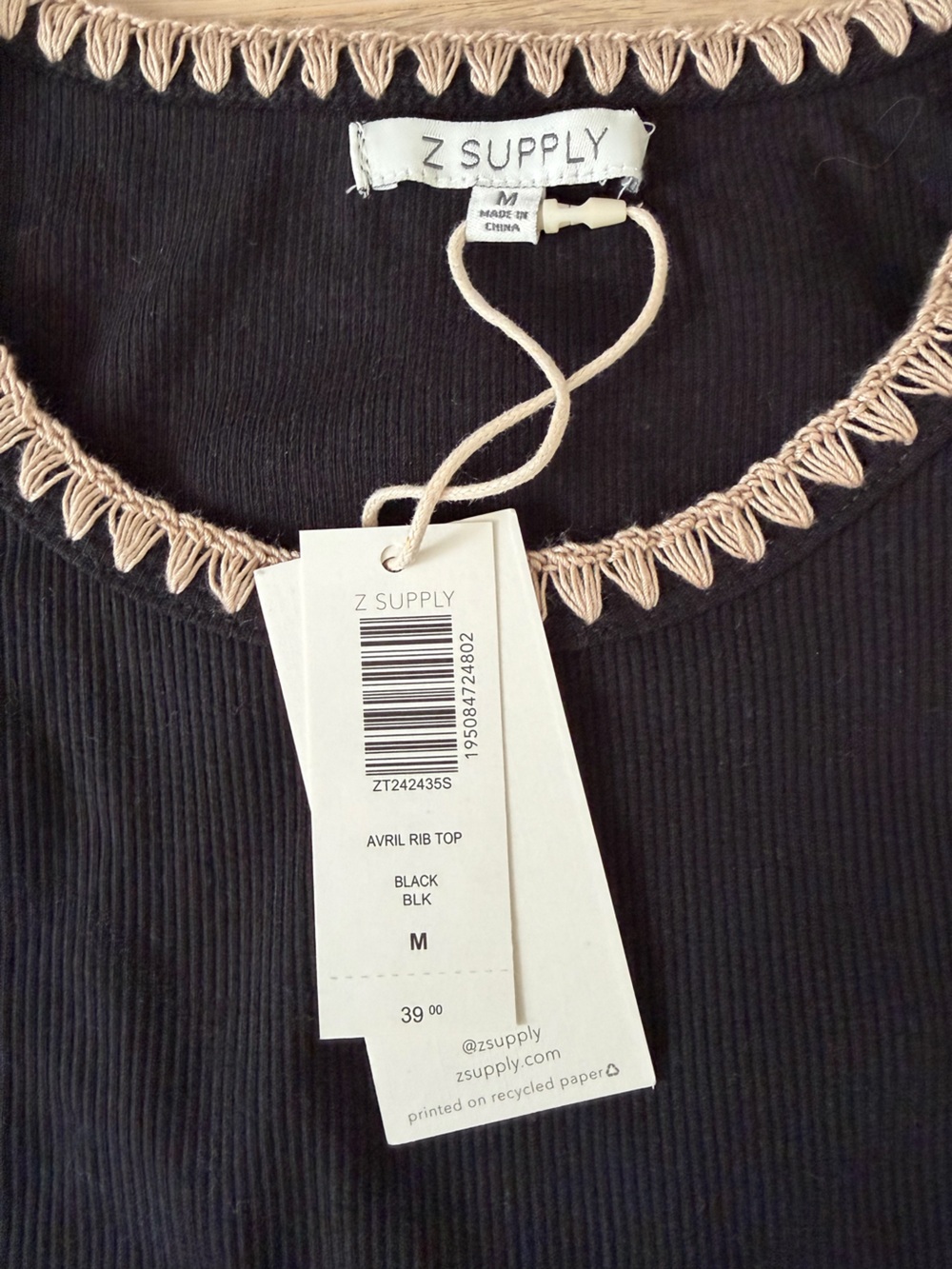 Z Supply Black Ribbed Tank with Cream Scalloped Trim - Picture 3 of 4